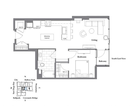 Floor plan for 1 bed, 1 bath, 798 sqft